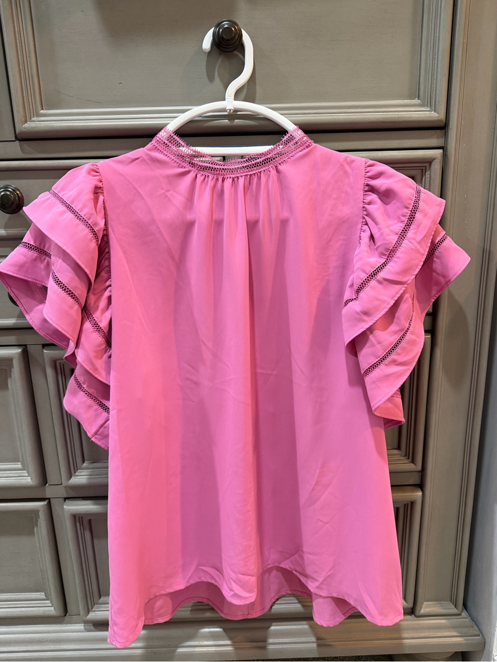 Flutter Sleeve Pink Blouse with Lace Trim